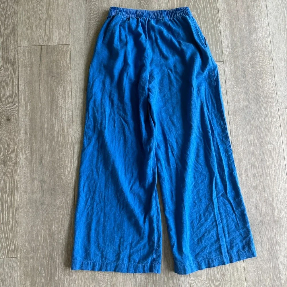Zara Womens Royal Blue Comfort Elastic Waist Linen Blend Wide Leg Pants Size XS